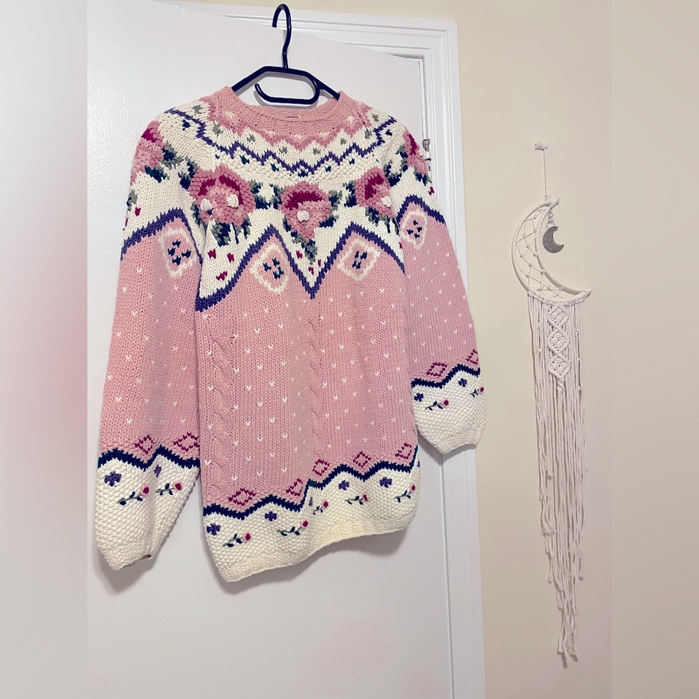 Vintage Nordic Fair Isle oversized knit sweater Canary Island Valentine